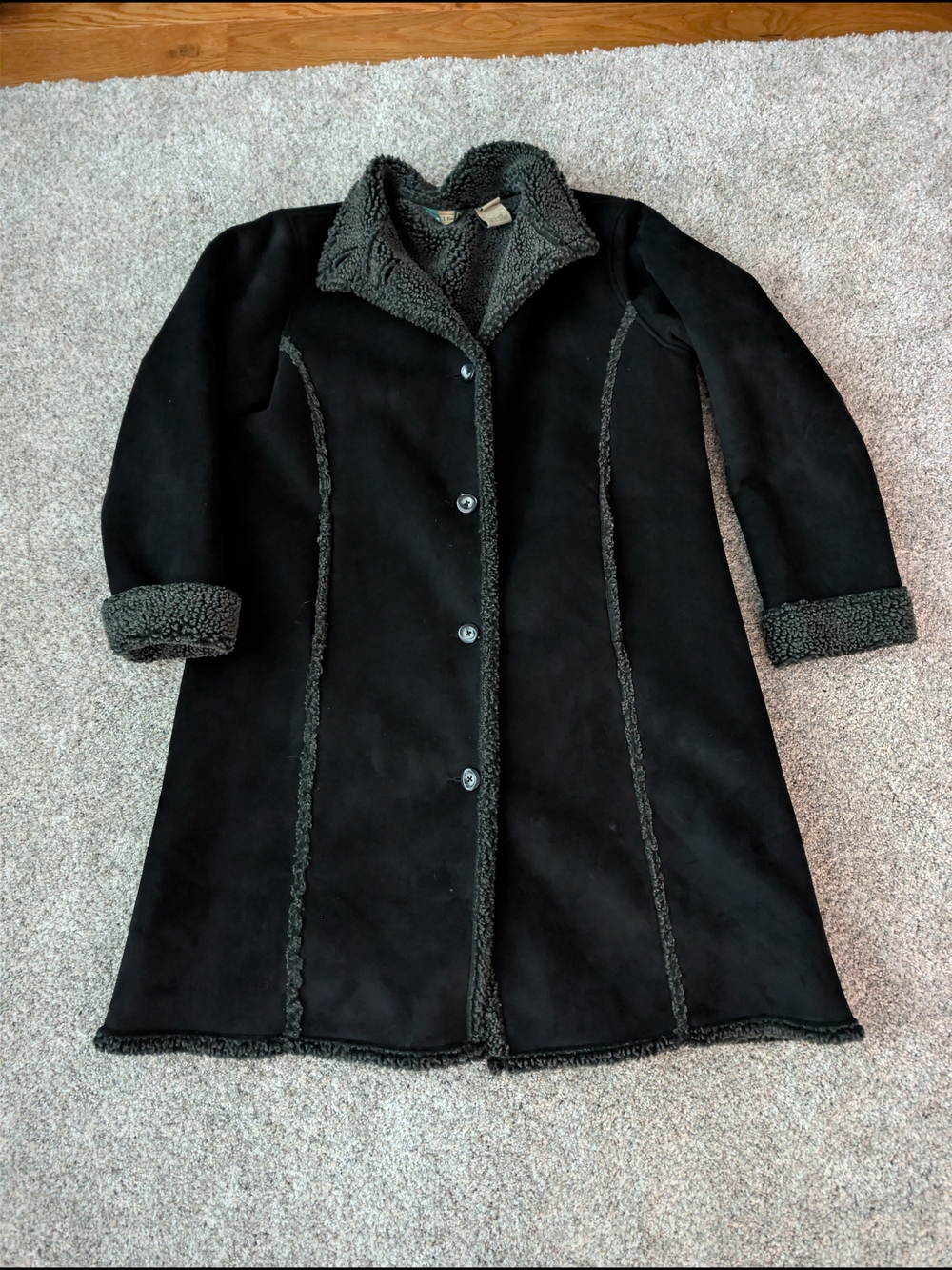L.L. Bean Vintage Black Faux Suede Shearling Coat Jacket Women’s Large Regular
